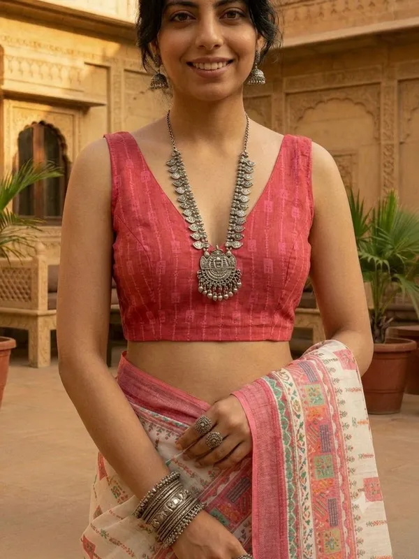 Floral_Print_Daily_Wear_Cotton_Linen_Saree_(Cream/Red)