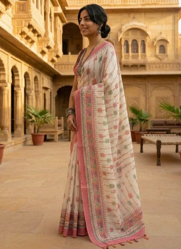 Floral_Print_Daily_Wear_Cotton_Linen_Saree_(Cream/Red)