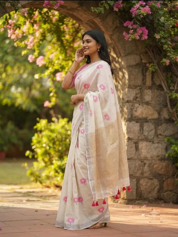 Floral_Print_Daily_Wear_Cotton_Linen_Saree_(Cream)