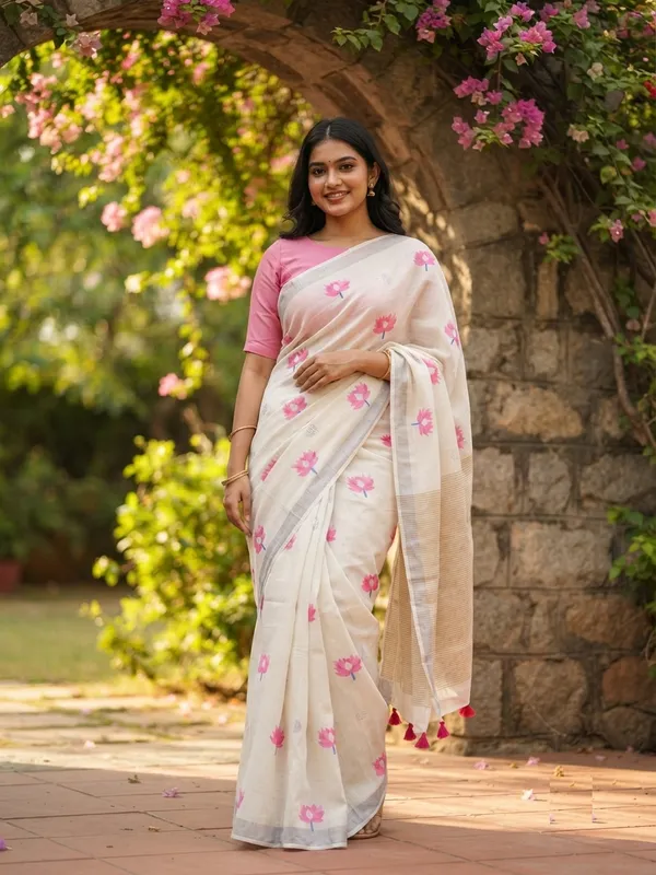 Floral_Print_Daily_Wear_Cotton_Linen_Saree_(Cream)