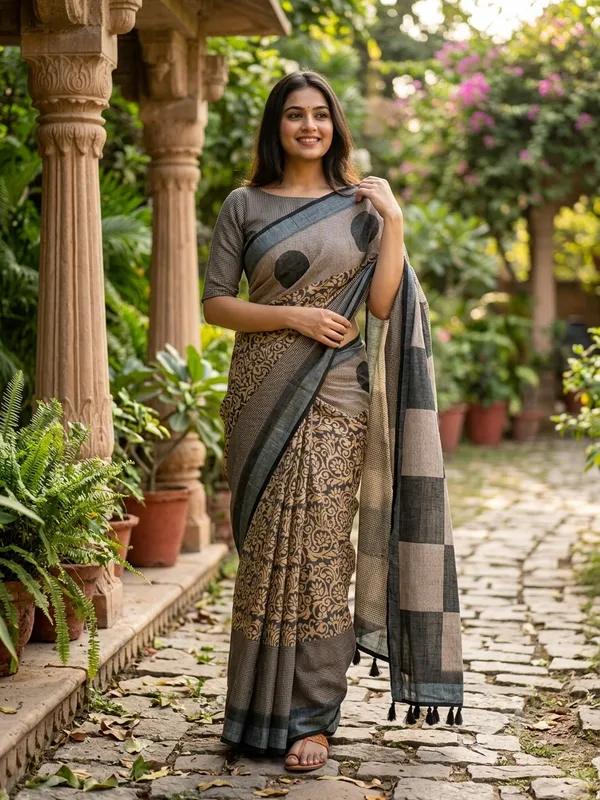 Floral_Print_Daily_Wear_Cotton_Linen_Saree_(BLACK)