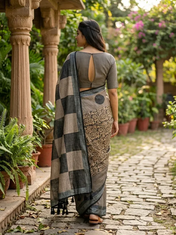 Floral_Print_Daily_Wear_Cotton_Linen_Saree_(BLACK)