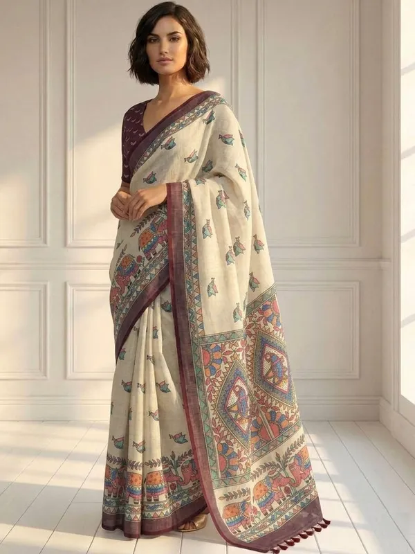 ANIMAL_Print_Daily_Wear_Cotton_Linen_Saree_(Cream)