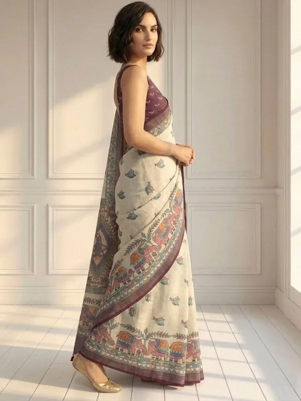 ANIMAL_Print_Daily_Wear_Cotton_Linen_Saree_(Cream)