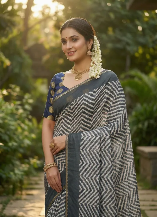 Striped,_Printed,_Woven_Leheria_Chiffon_Saree_(Grey)