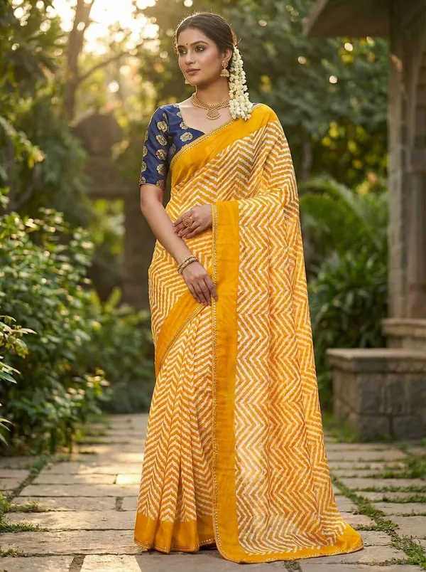 Striped,_Printed,_Woven_Leheria_Chiffon_Saree_(Yellow)