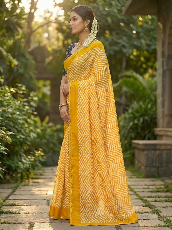 Striped,_Printed,_Woven_Leheria_Chiffon_Saree_(Yellow)