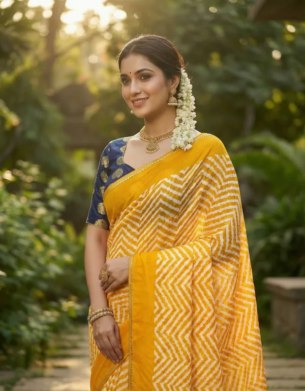 Striped,_Printed,_Woven_Leheria_Chiffon_Saree_(Yellow)