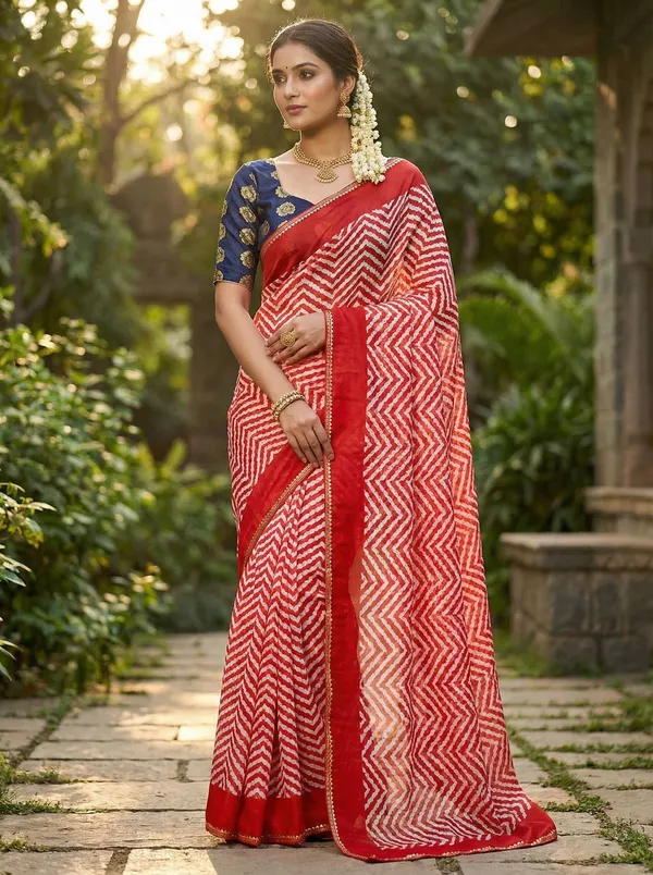 Striped,_Printed,_Woven_Leheria_Chiffon_Saree_(Red)