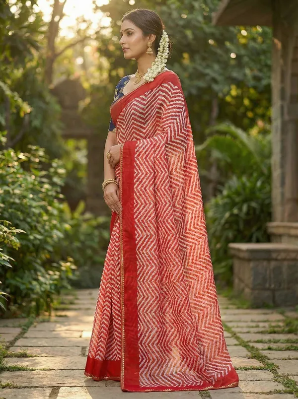 Striped,_Printed,_Woven_Leheria_Chiffon_Saree_(Red)