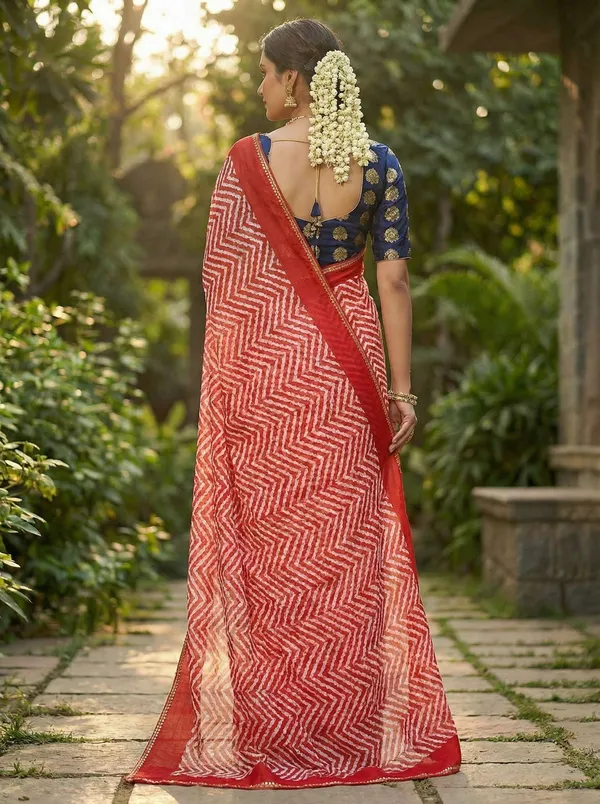 Striped,_Printed,_Woven_Leheria_Chiffon_Saree_(Red)