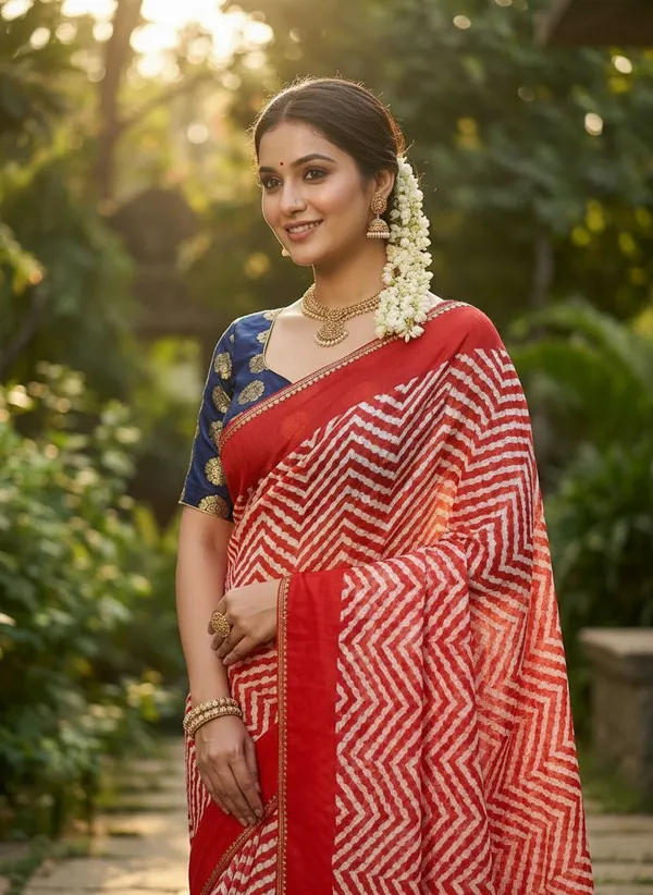 Striped,_Printed,_Woven_Leheria_Chiffon_Saree_(Red)