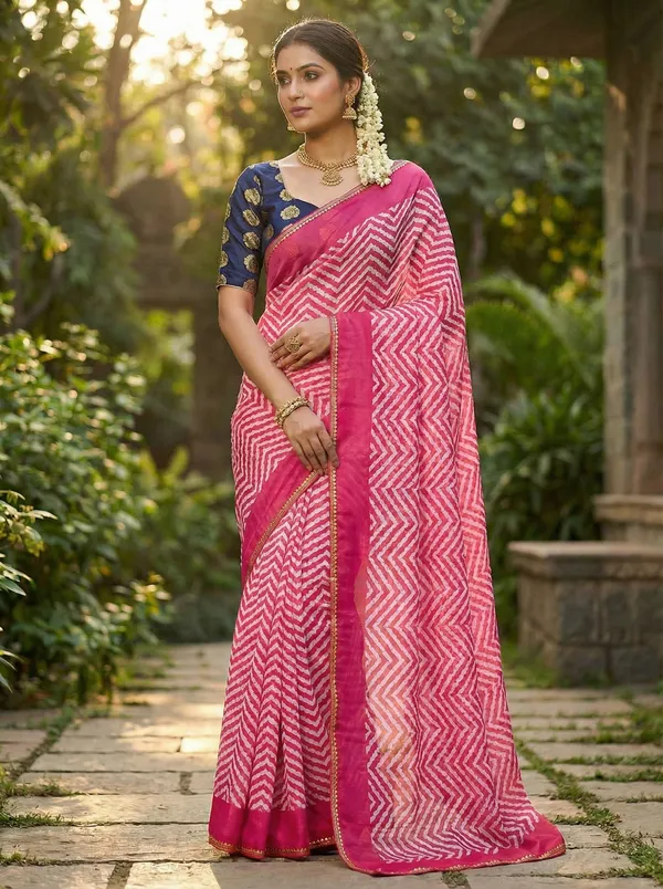 Striped,_Printed,_Woven_Leheria_Chiffon_Saree_(Pink)