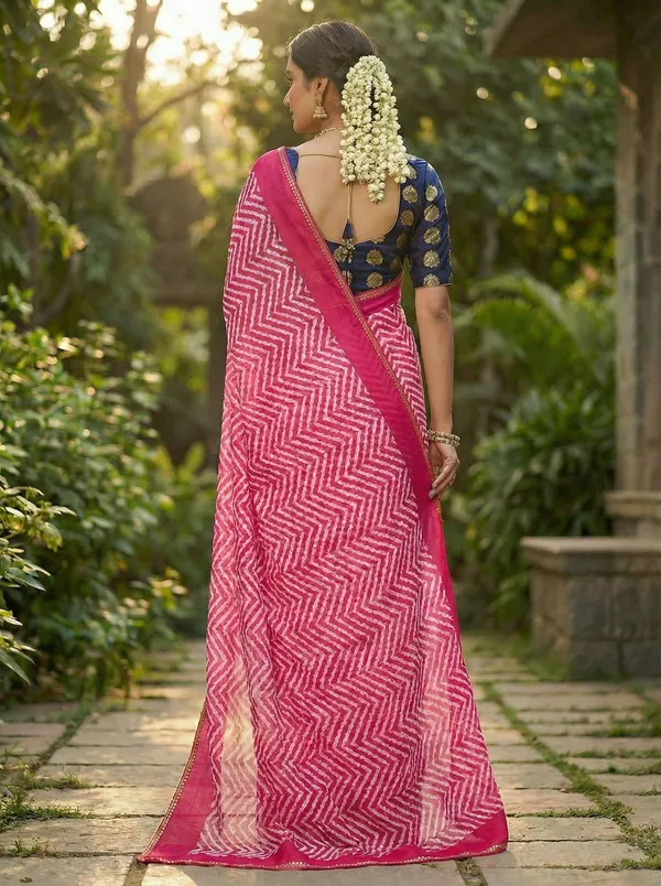 Striped,_Printed,_Woven_Leheria_Chiffon_Saree_(Pink)