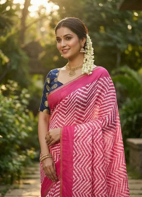 Striped,_Printed,_Woven_Leheria_Chiffon_Saree_(Pink)