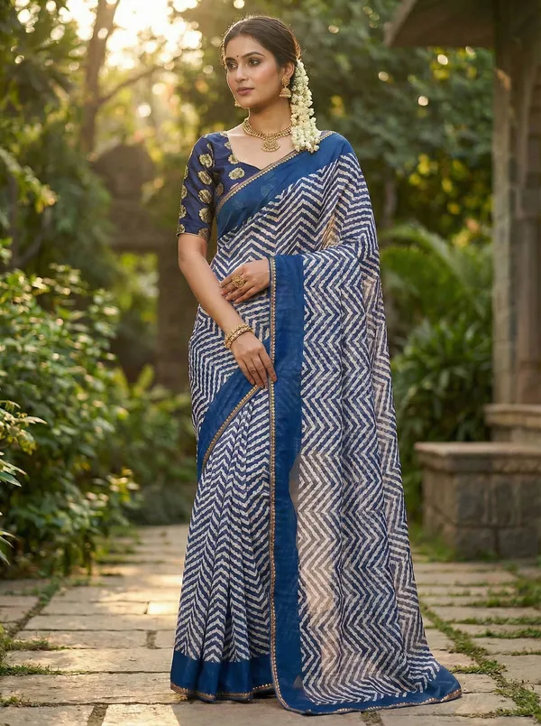 Striped,_Printed,_Woven_Leheria_Chiffon_Saree_(Blue)