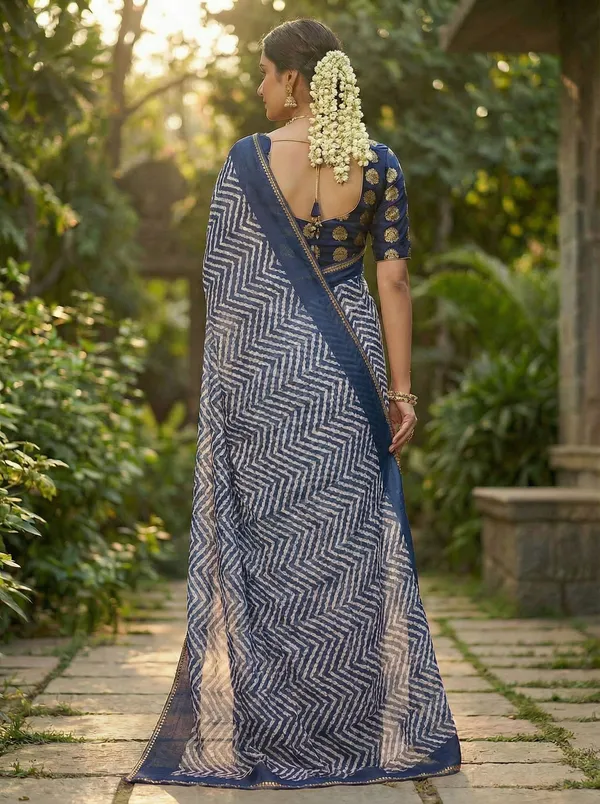 Striped,_Printed,_Woven_Leheria_Chiffon_Saree_(Blue)