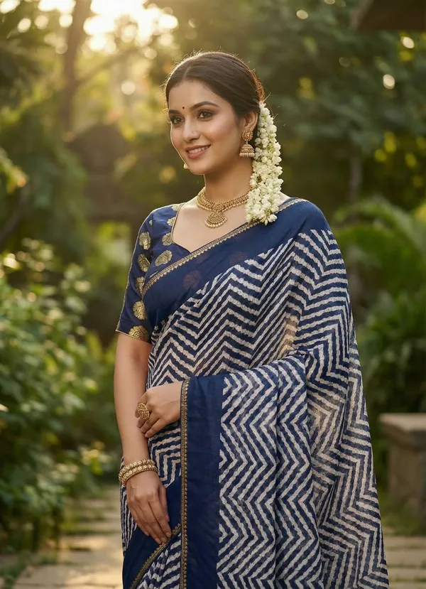 Striped,_Printed,_Woven_Leheria_Chiffon_Saree_(Blue)