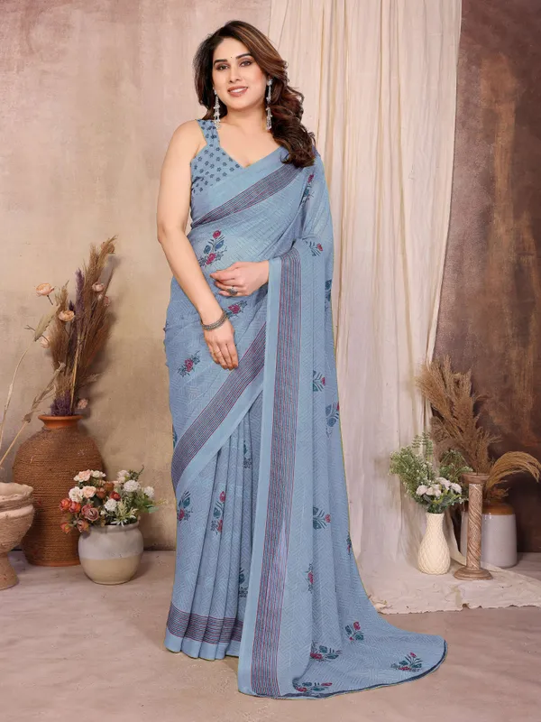 Floral_Print_Daily_Wear_Chiffon_Saree_(Grey)