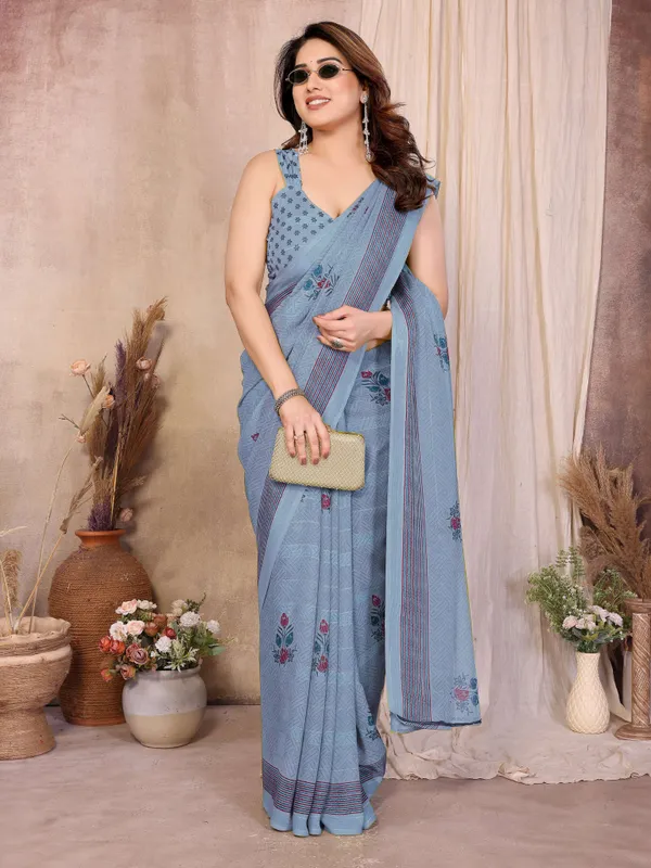 Floral_Print_Daily_Wear_Chiffon_Saree_(Grey)