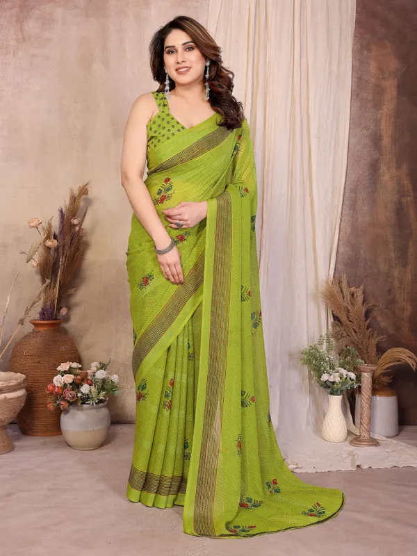 Floral_Print_Daily_Wear_Chiffon_Saree_(Green)