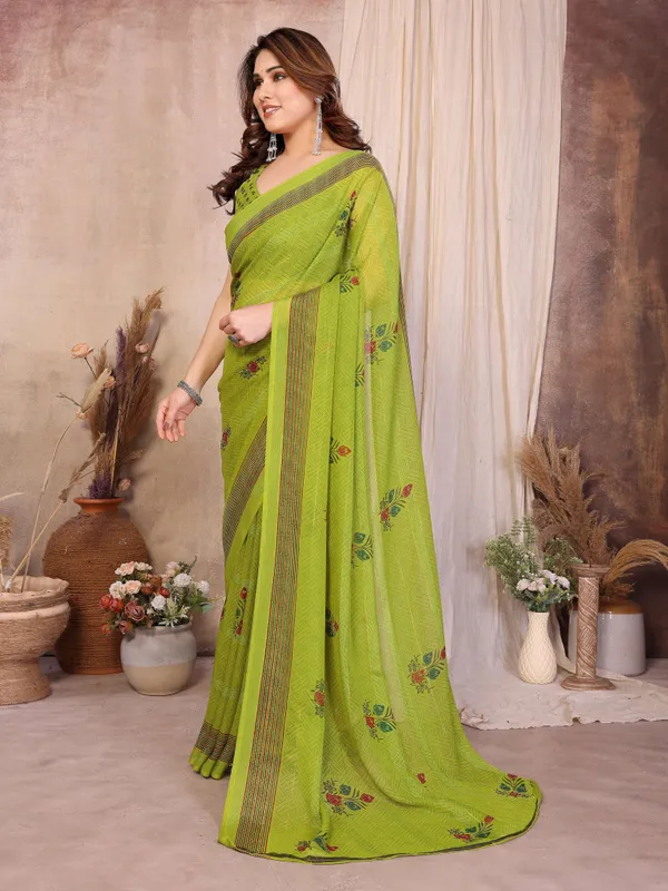 Floral_Print_Daily_Wear_Chiffon_Saree_(Green)
