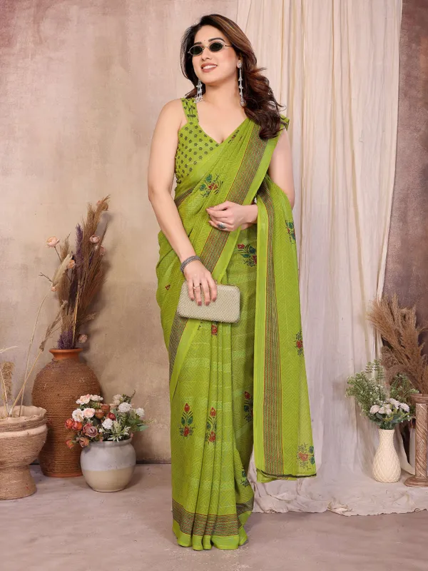 Floral_Print_Daily_Wear_Chiffon_Saree_(Green)