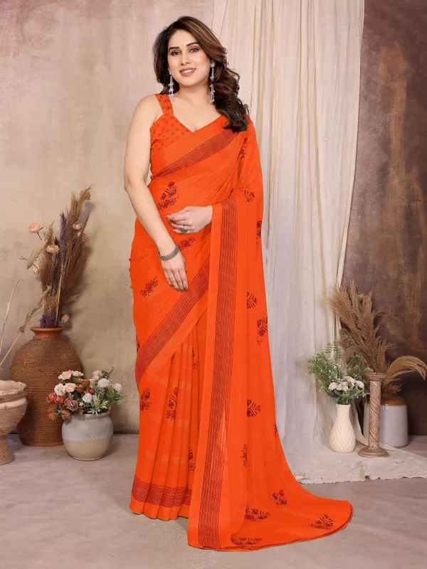 Floral_Print_Daily_Wear_Chiffon_Saree_(Orange)
