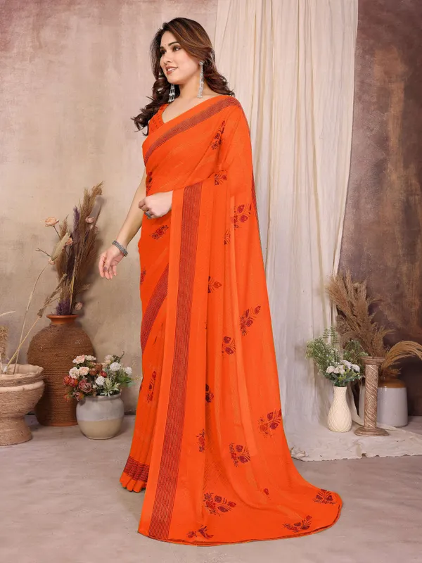 Floral_Print_Daily_Wear_Chiffon_Saree_(Orange)