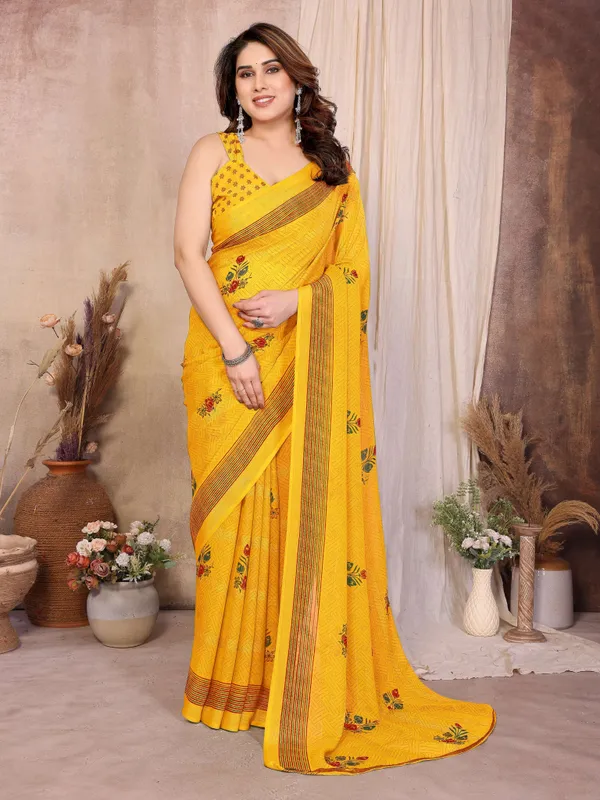 Floral_Print_Daily_Wear_Chiffon_Saree_(Yellow)