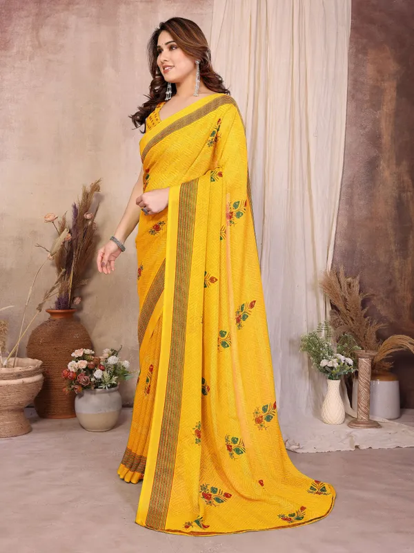 Floral_Print_Daily_Wear_Chiffon_Saree_(Yellow)