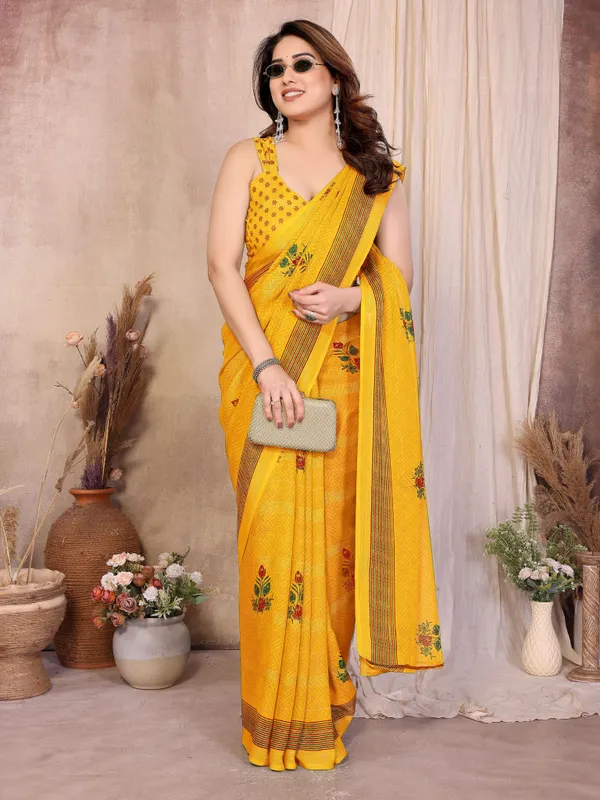 Floral_Print_Daily_Wear_Chiffon_Saree_(Yellow)