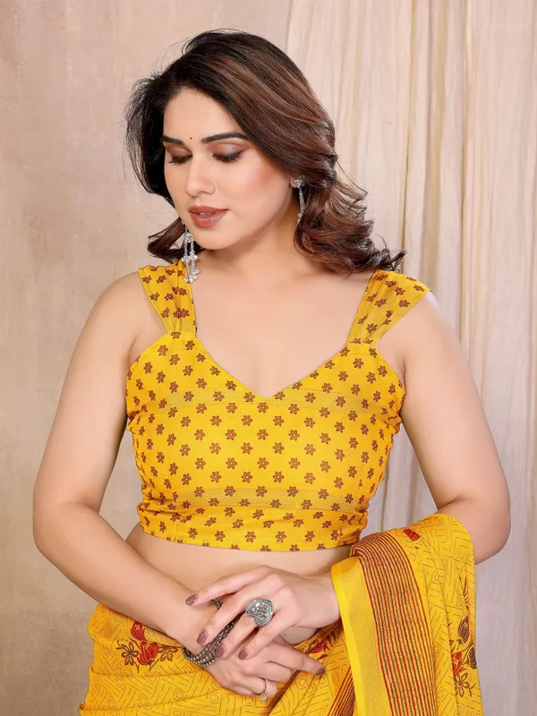 Floral_Print_Daily_Wear_Chiffon_Saree_(Yellow)