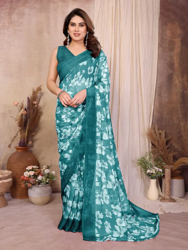Floral_Print_Daily_Wear_Chiffon_Saree_(Light_Green)
