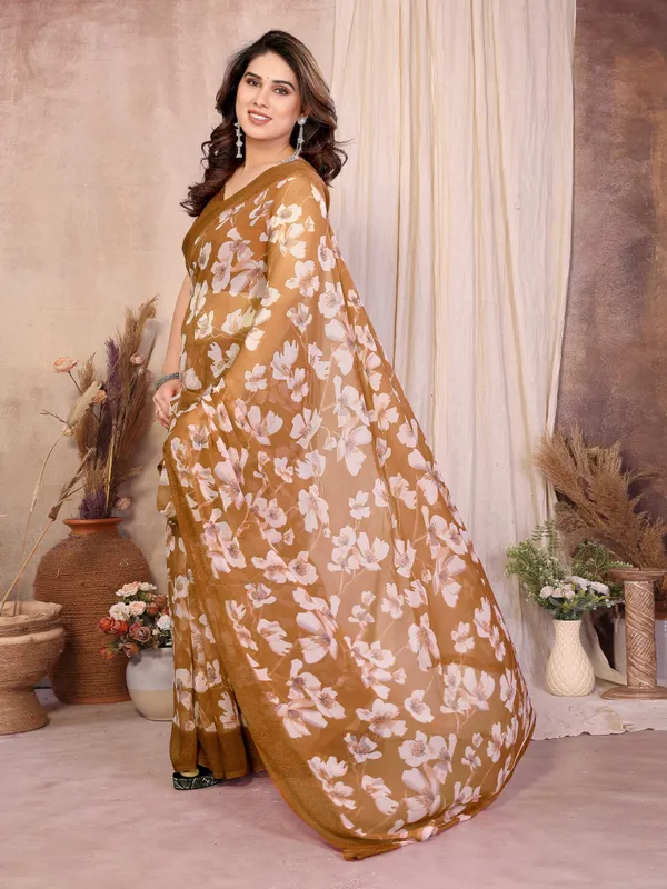 Floral_Print_Daily_Wear_Chiffon_Saree_(Mustard)