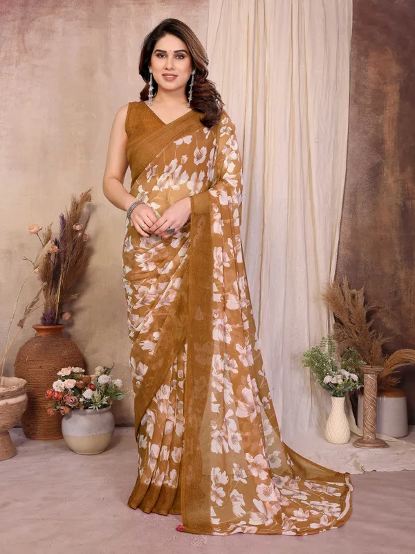 Floral_Print_Daily_Wear_Chiffon_Saree_(Mustard)