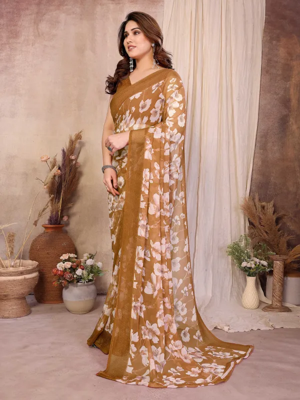 Floral_Print_Daily_Wear_Chiffon_Saree_(Mustard)