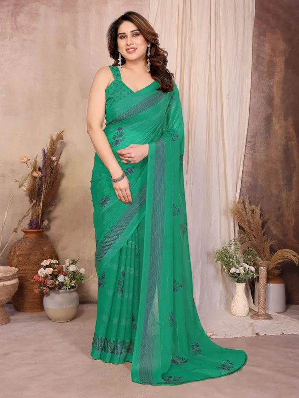 Floral_Print,_Geometric_Print,_Striped_Daily_Wear_Chiffon_Saree_(Dark_Green)