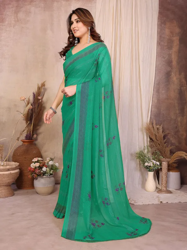 Floral_Print,_Geometric_Print,_Striped_Daily_Wear_Chiffon_Saree_(Dark_Green)