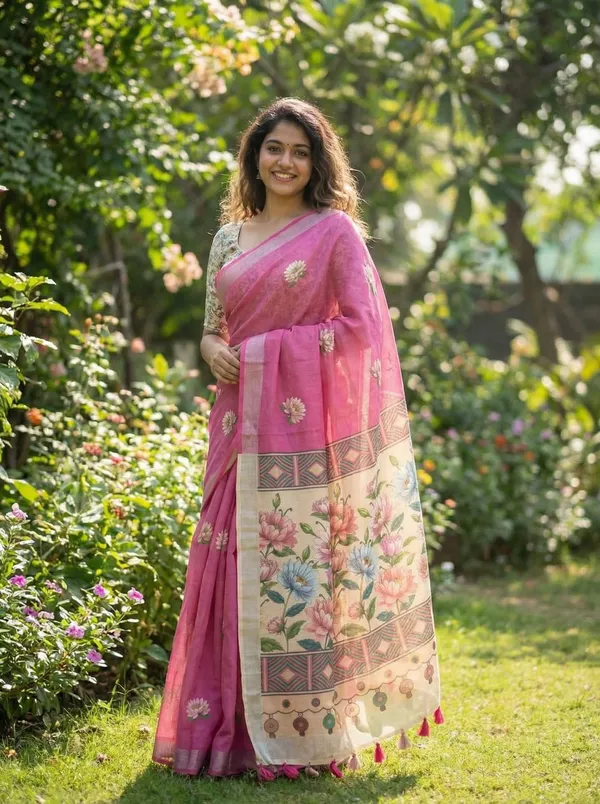 Floral_Print_Daily_Wear_Cotton_Linen_Saree_(Pink)