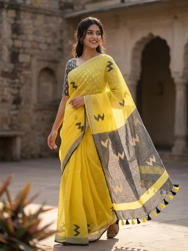 Floral_Print_Daily_Wear_Cotton_Linen_Saree_(Yellow)