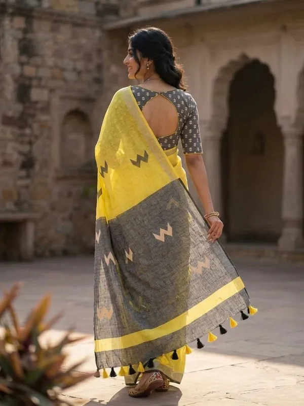 Floral_Print_Daily_Wear_Cotton_Linen_Saree_(Yellow)
