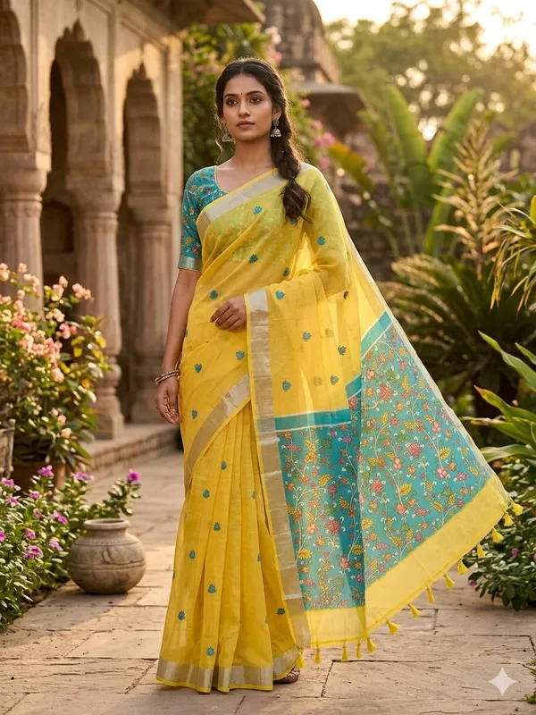 Floral_Print_Daily_Wear_Cotton_Linen_Saree_(Yellow)