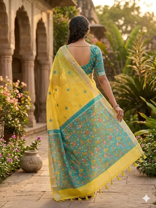 Floral_Print_Daily_Wear_Cotton_Linen_Saree_(Yellow)