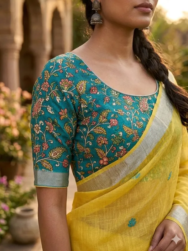 Floral_Print_Daily_Wear_Cotton_Linen_Saree_(Yellow)
