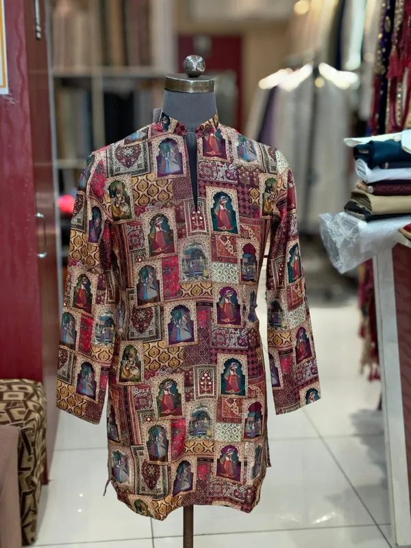 Multicolor_Printed_Straight_High_Neck_Long_Sleeve_Kurta_For_Men