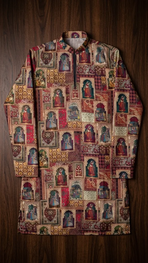 Multicolor_Printed_Straight_High_Neck_Long_Sleeve_Kurta_For_Men