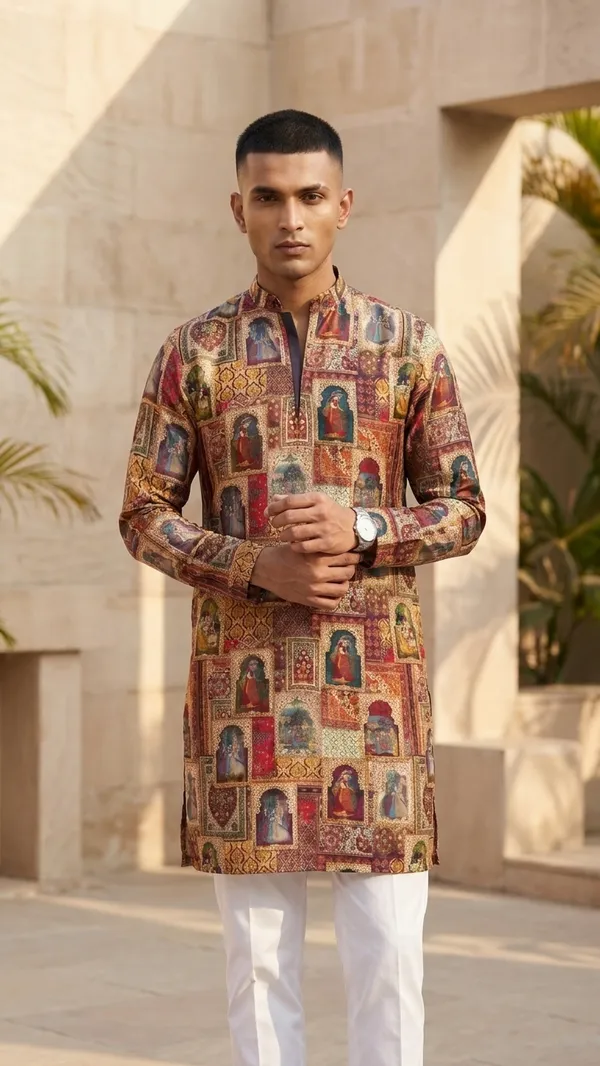 Multicolor_Printed_Straight_High_Neck_Long_Sleeve_Kurta_For_Men