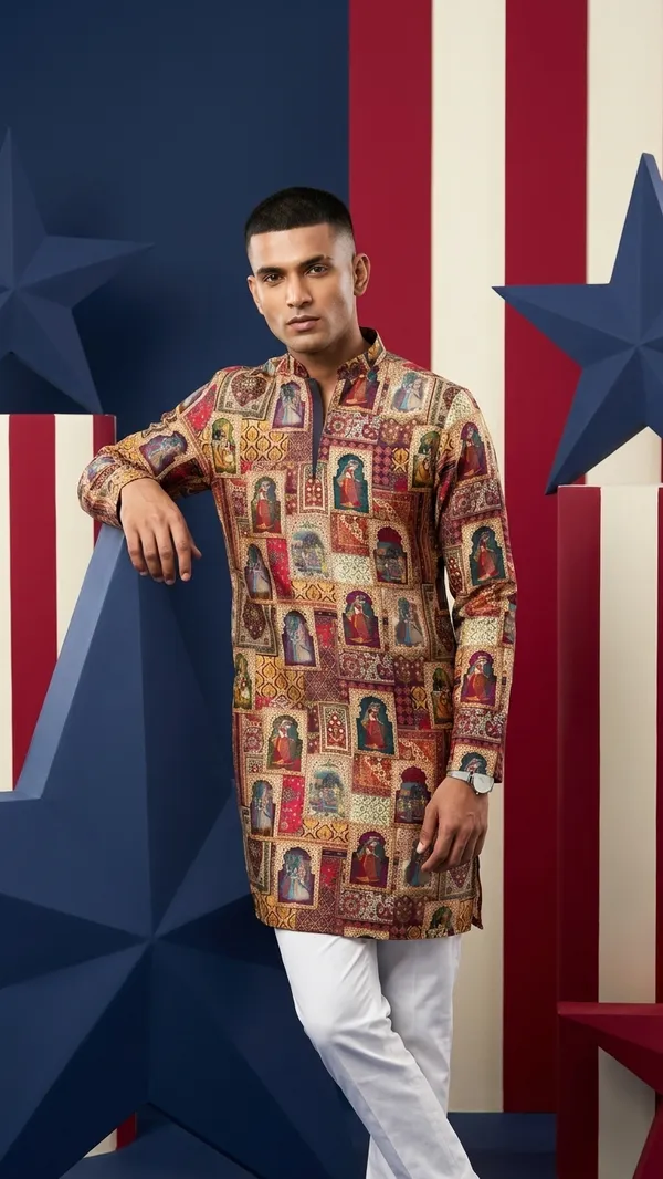 Multicolor_Printed_Straight_High_Neck_Long_Sleeve_Kurta_For_Men