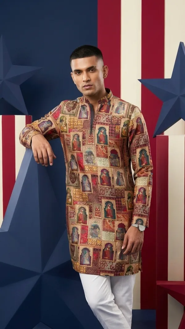 Multicolor_Printed_Straight_High_Neck_Long_Sleeve_Kurta_For_Men